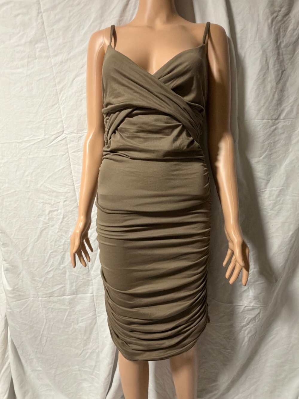 NWT Capella USA Olive Ruched Cutout Bodycon Midi Dress Large